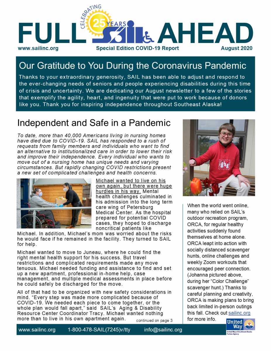 thumbnail image of front cover of sail newsletter, including text and photos