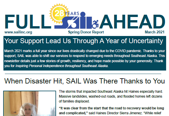 image of sail newsletter front page, titled "full SAIL ahead", including text and an image of an older white woman standing in her kitchen smiling