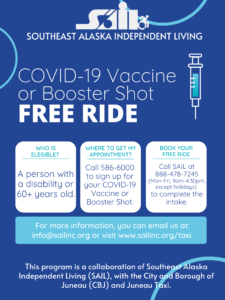blue poster with white lettering announcing free taxi rides to covid vaccine and booster shot locations