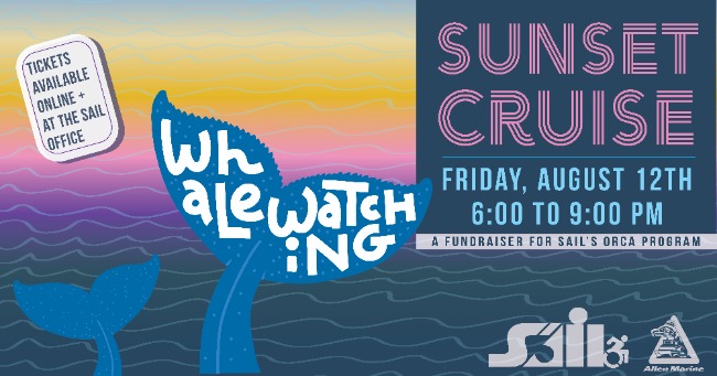 The words sunset cruise Friday August 12th 6 to 9 pm with graphics of whales tails in front of wavy lines representing the sea