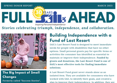 photo of the top half of SAIL's Spring 2023 Newsletter, with the words Full SAIL Ahead in bold print. Click on the image for the full newsletter PDF.