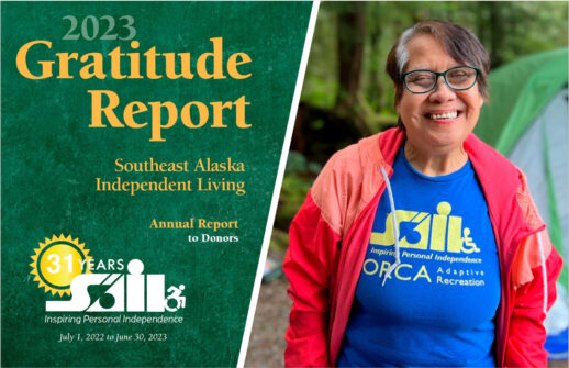 Cover image for the 2023 SAIL Annual Report, with a green background and a photo of a woman wearing glasses with short brown and grey hair. She is wearing a blue Tshirt that says SAIL in yellow, and a red wind breaker. You can see the corner of a camping tent in the background.