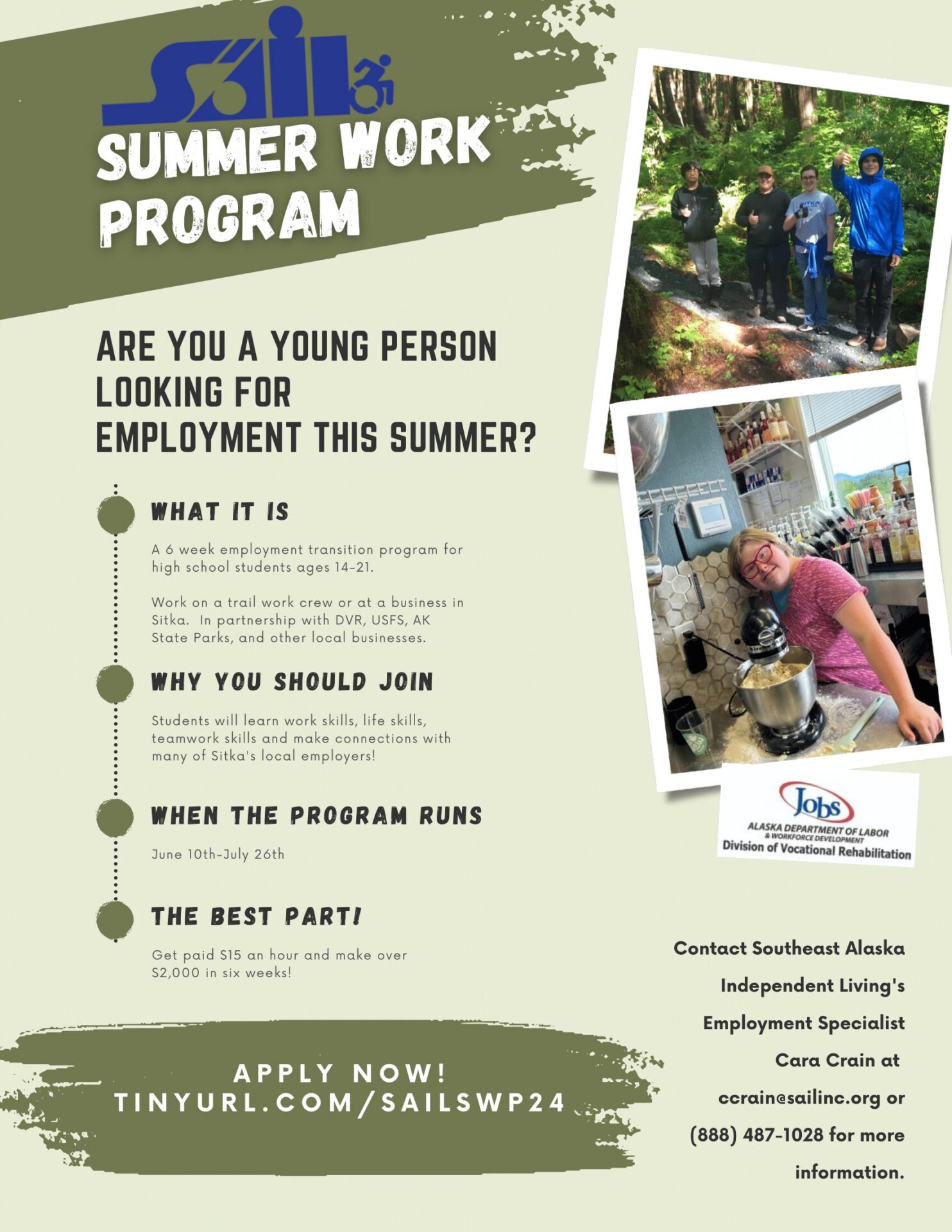 Sitka's Summer Work Program starts  June 10-July 26th, 2024. Call Cara Crain at 888.500.7245 for more information. Click on the poster where it will take you to the application. Complete and submit to apply for the program. 