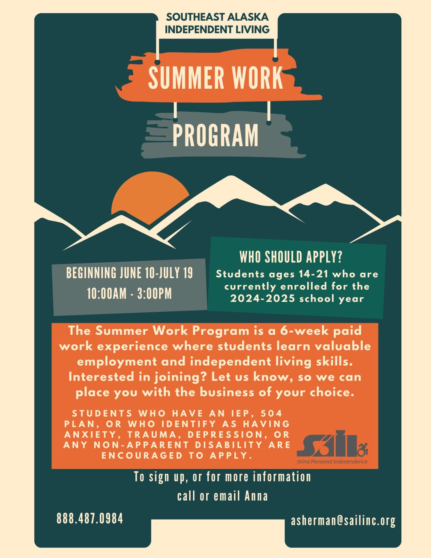 Ketchikan's Summer Work Program Starts Jnue 10-July 19th. Contact Anna Sherman at 888.487.0984. Click on the flyer and complete the form to apply for the program. 