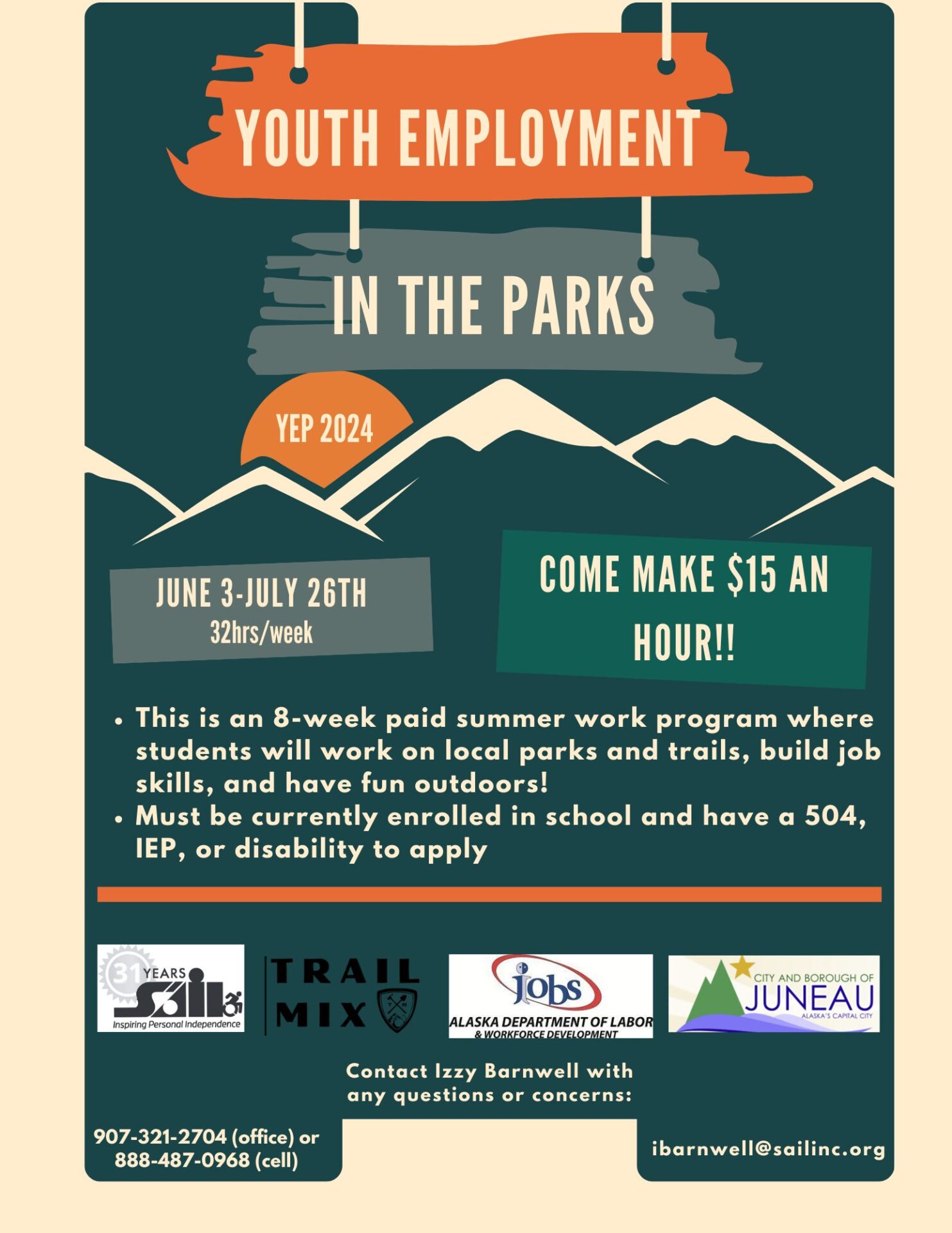 Juneau's Youth Employment in the Parks starts June 3-July 26. Call Izzy Barnwell at 907. 321. 2704. Click on the poster and complete and submit the application to apply. 