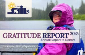 The picture shows a smiling person in a pink raincoat wearing a SAIL life jacket. The text says "Gratitude Report 2025"