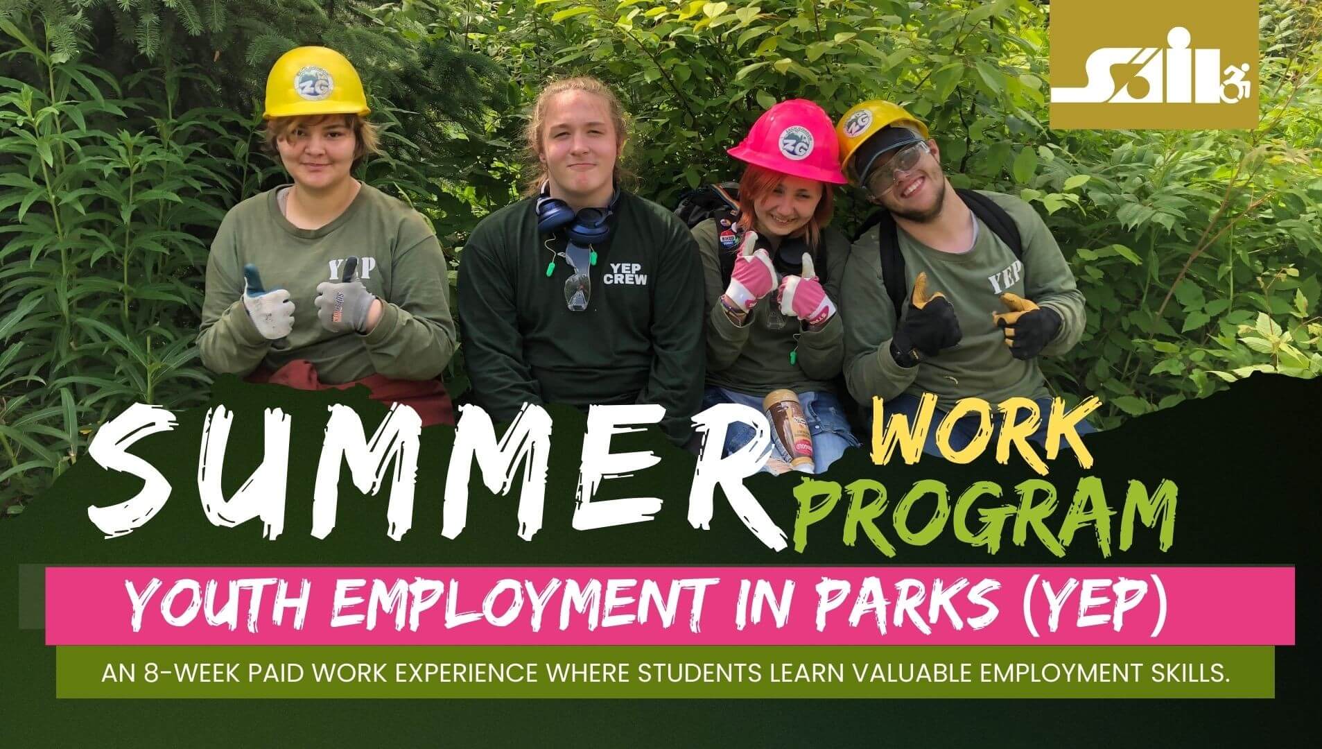 poster shows a two people smiling in winter gear. One person is sitting on a bi ski and the other person is behind them   holding the bi-ski