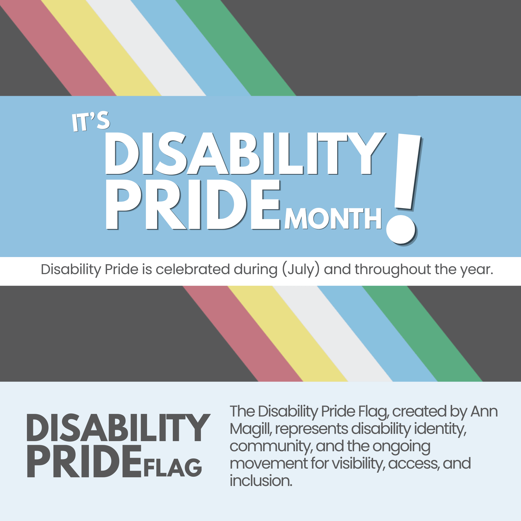 Disability Pride Month Homepage Graphic celebrating Disability Pride Month. The Disability Pride Flag appears in the background with diagonal stripes of red, gold, white, blue, and green on a charcoal gray field. Large text reads, "It's Disability Pride Month!" Additional text says, "Disability Pride is celebrated during July and throughout the year." A section titled "Disability Pride Flag" explains: "The Disability Pride Flag, created by Ann Magill, represents disability identity, community, and the ongoing movement for visibility, access, and inclusion."